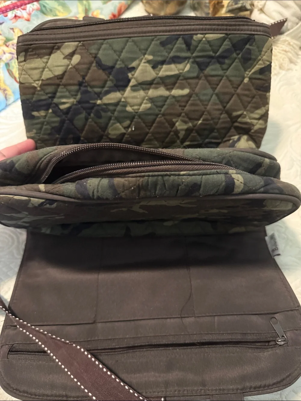 Quilted Camouflage Messenger Bag with Brown Trim